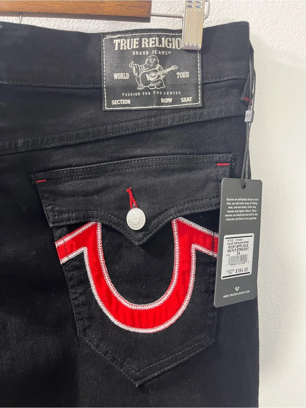 True Religion Ricky Applique SN Flap Straight “2SB Black Rinse” 34x30 #701564